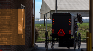A view of the back of an Amish buggy going through a drive through.