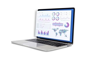 Laptop with charts and graphs.