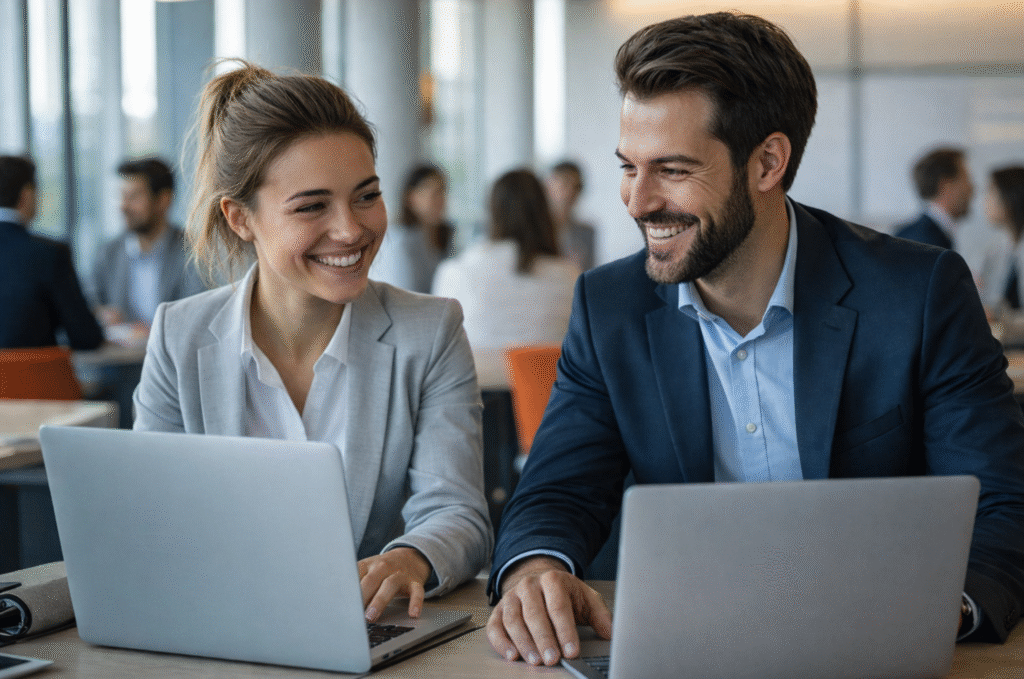 people Smiling looking at laptops and contemplating managed IT and support excellence