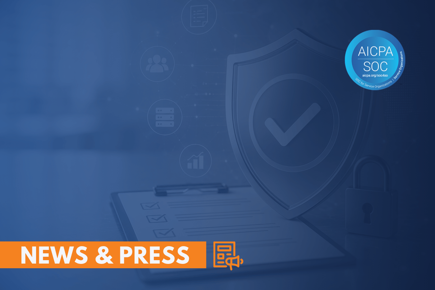 Omega Systems SOC 2 compliance certification represented by a security shield, checkmark, padlock, and compliance checklist.