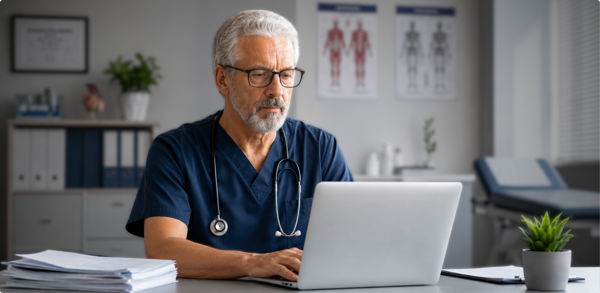 Healthcare professional in scrubs reviewing information on a laptop at a desk in a clinical office.