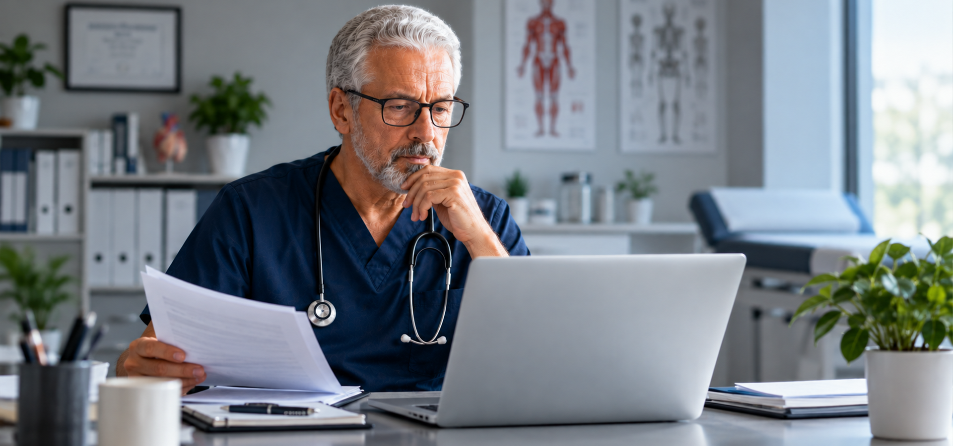 Healthcare professional reviewing documents beside a laptop in a modern medical office.