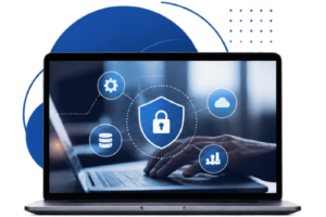 Illustration of managed IT and cybersecurity protection, represented by a blue security shield and connected technology icons.