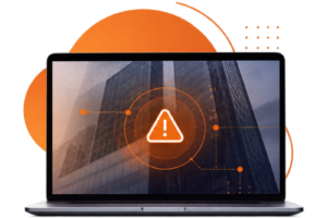 Illustration of a financial services firm facing IT challenges, represented by an orange cybersecurity alert over a high-rise office building.