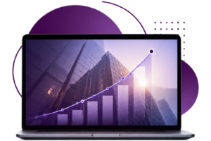 Illustration of improved business outcomes, represented by a purple high-rise building with rising performance charts.