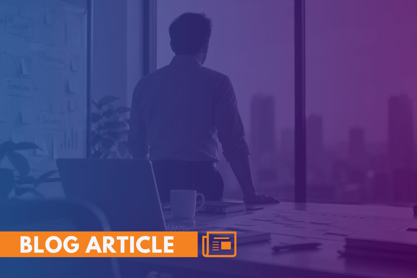 Silhouette of a professional reviewing an IT project timeline at his desk overlooking a city skyline.