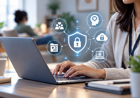 Behavioral health clinician using a laptop in a therapy office with digital security icons, including a lock, shield, patient, mental health, medical records, and secure cloud storage.