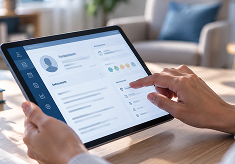 Behavioral health clinician using a tablet to access a digital client care plan in a therapy office.