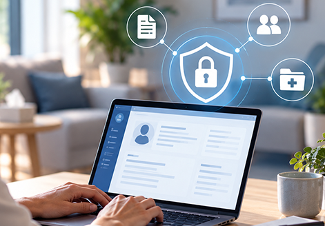 Behavioral health professional using a laptop with a secure patient-record interface and a shield and lock representing HIPAA-protected health information.